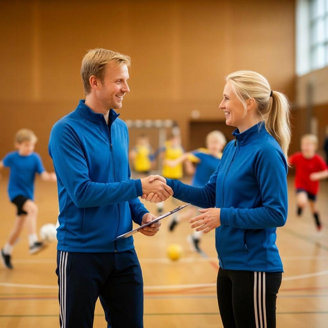 Tränare och föreningsrepresentanter skakar hand i sporthall
